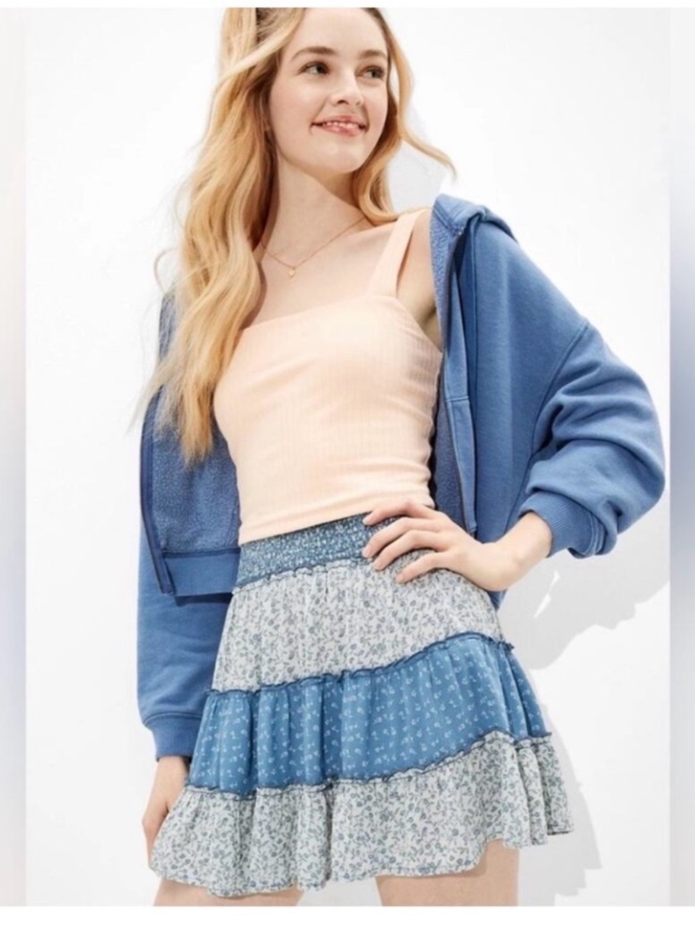 Blue Tiered Floral Mini Skirt with Peach Tank & Blue Hoodie